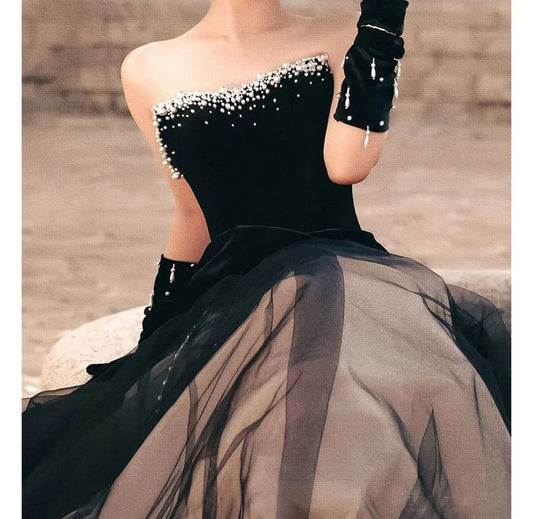 Strapless Rhinestone Glitter Sheer A-Line Evening Gown