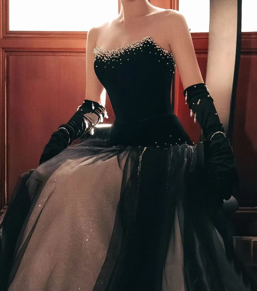 Strapless Rhinestone Glitter Sheer A-Line Evening Gown