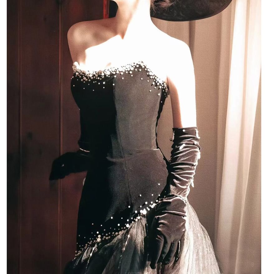 Strapless Rhinestone Glitter Sheer A-Line Evening Gown