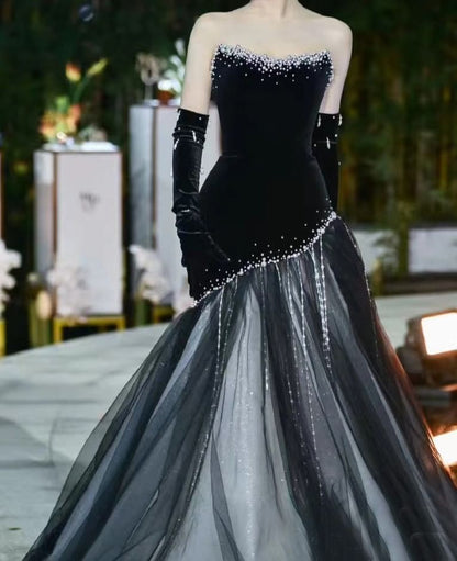 Strapless Rhinestone Glitter Sheer A-Line Evening Gown