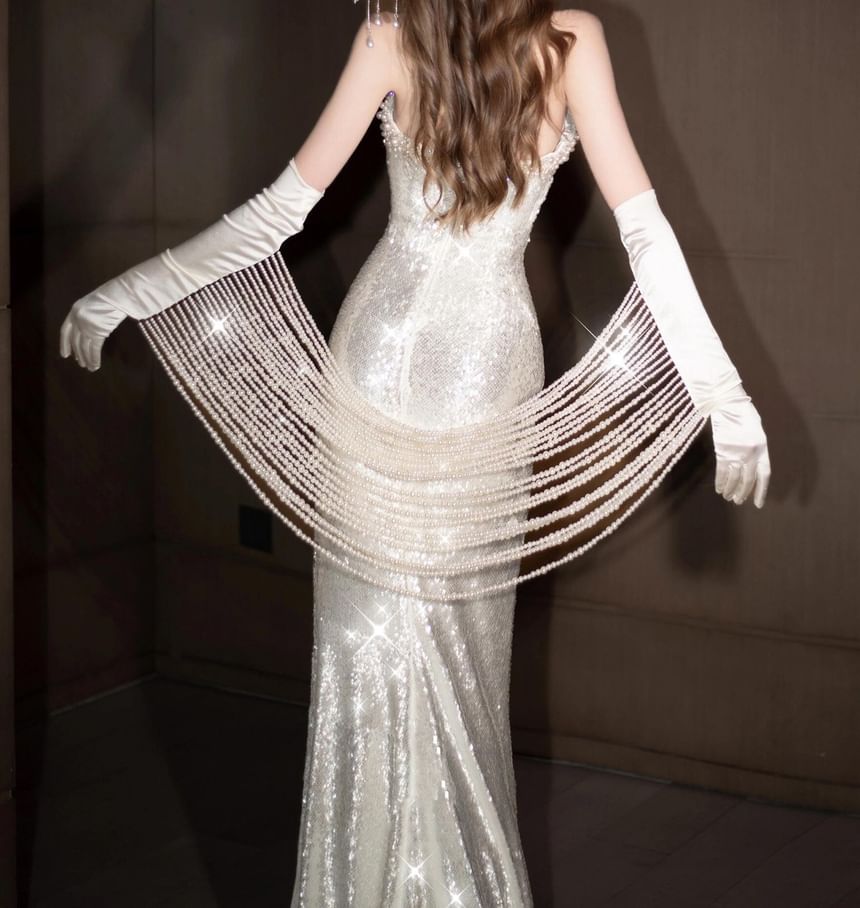 Strapless Plain Glitter Sheath Evening Gown