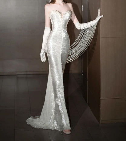 Strapless Plain Glitter Sheath Evening Gown