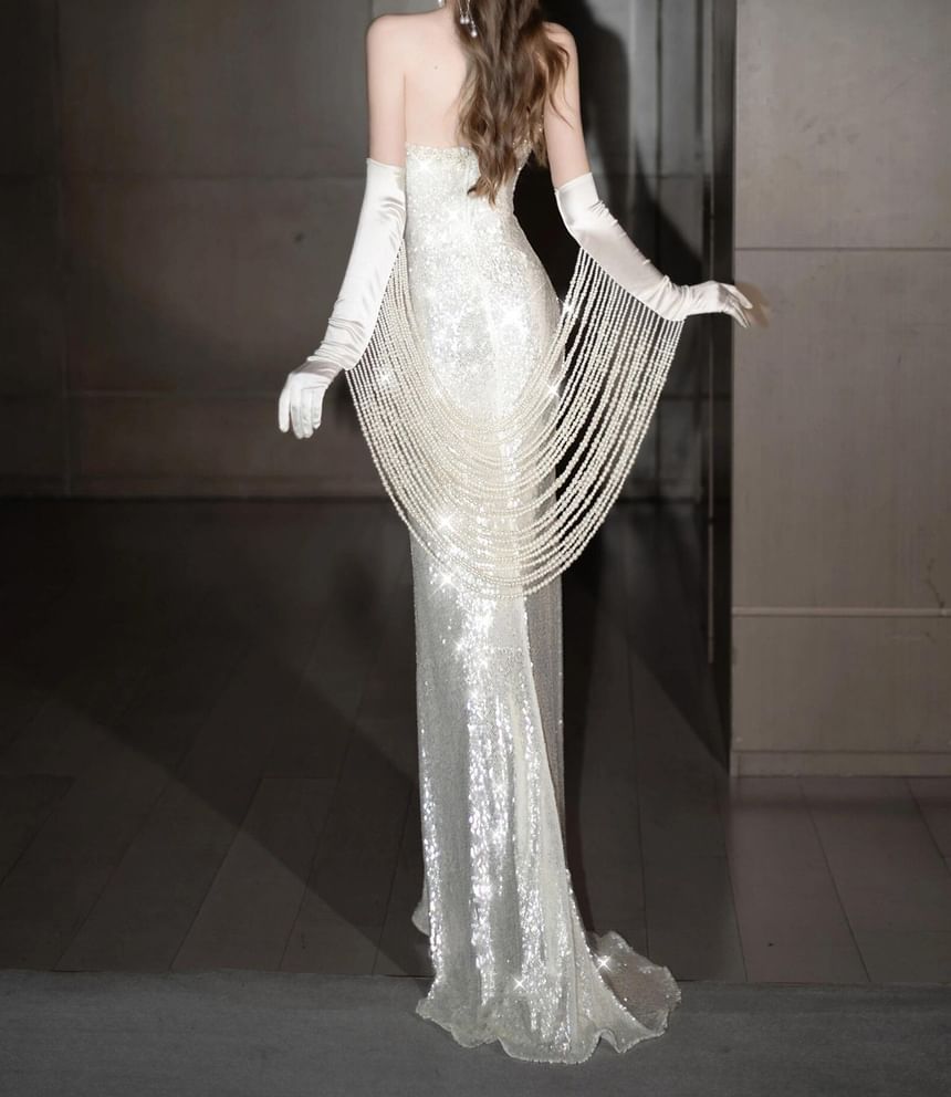 Strapless Plain Glitter Sheath Evening Gown