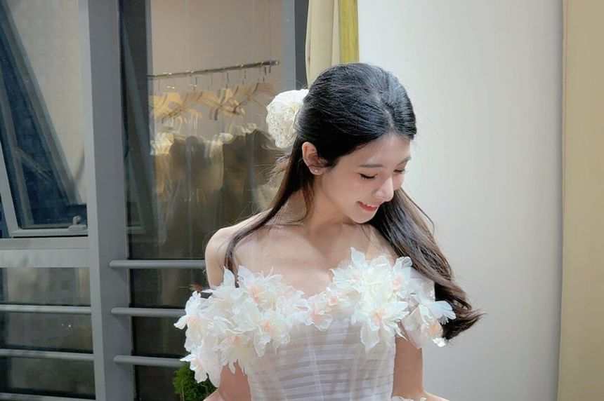 Off Shoulder Plain Floral Trim Tiered Wedding Gown