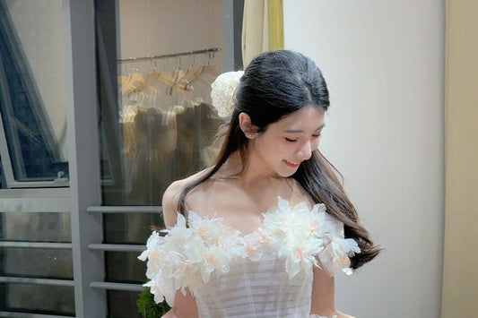Off Shoulder Plain Floral Trim Tiered Wedding Gown