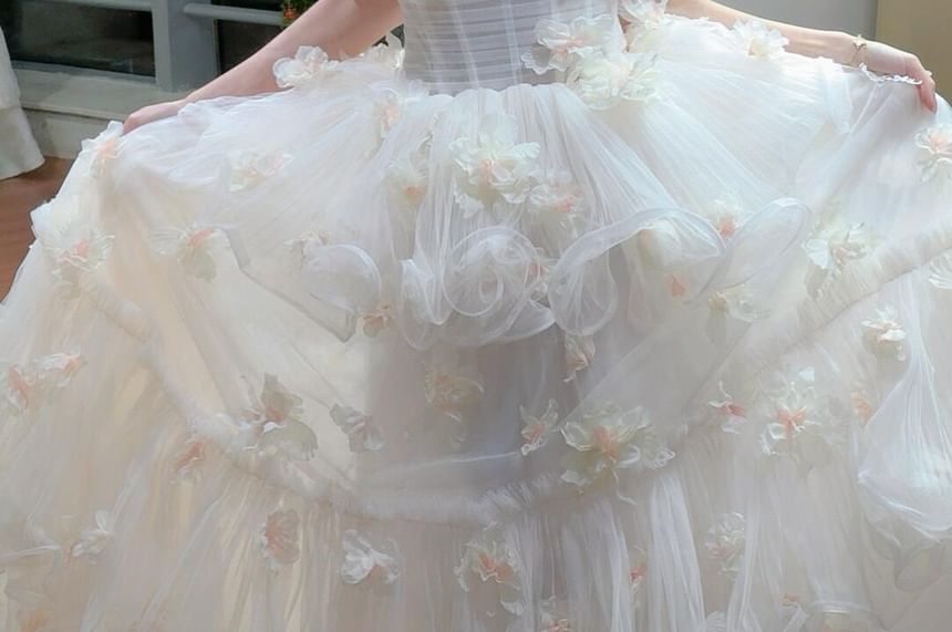 Off Shoulder Plain Floral Trim Tiered Wedding Gown
