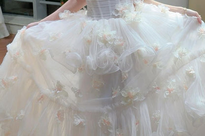 Off Shoulder Plain Floral Trim Tiered Wedding Gown