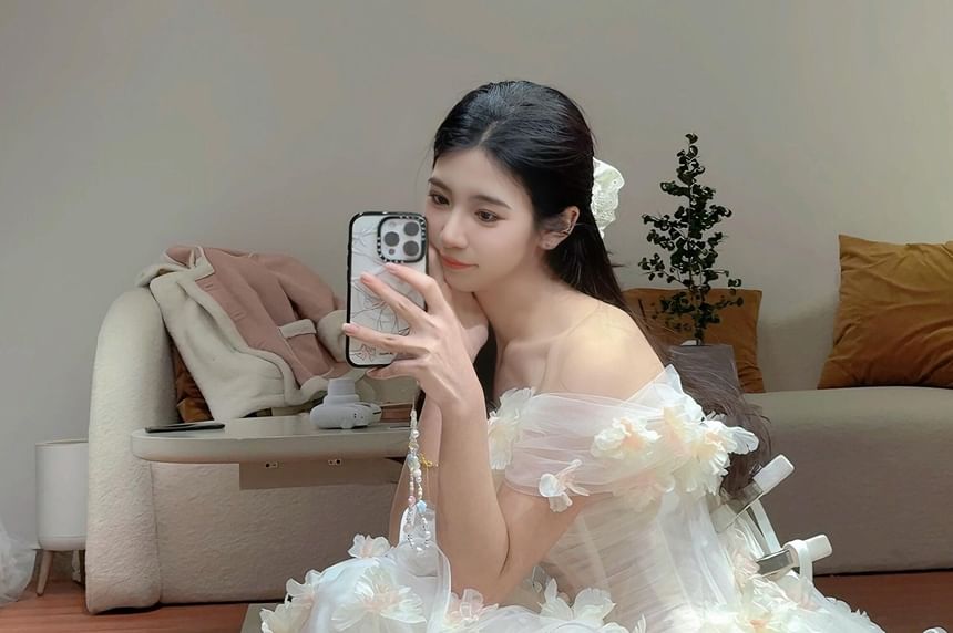 Off Shoulder Plain Floral Trim Tiered Wedding Gown