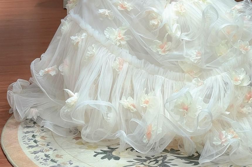 Off Shoulder Plain Floral Trim Tiered Wedding Gown