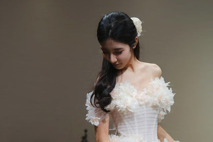 Off Shoulder Plain Floral Trim Tiered Wedding Gown