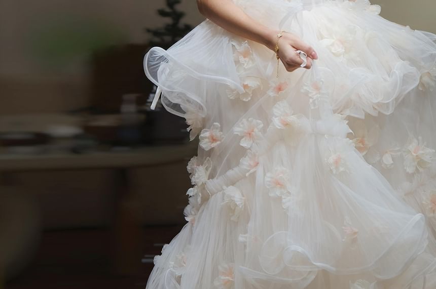 Off Shoulder Plain Floral Trim Tiered Wedding Gown