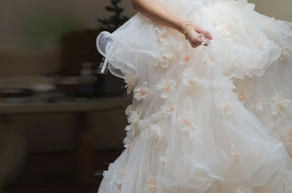 Off Shoulder Plain Floral Trim Tiered Wedding Gown