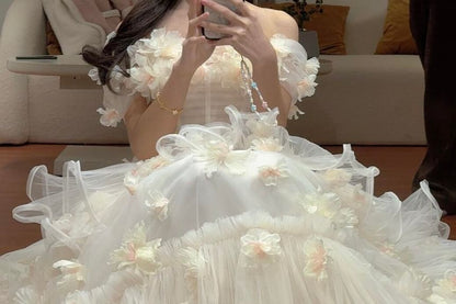 Off Shoulder Plain Floral Trim Tiered Wedding Gown
