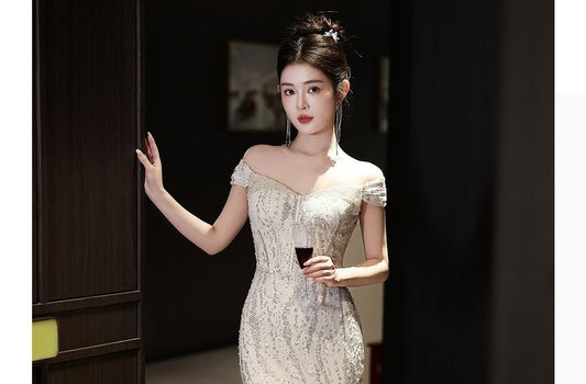 Off Shoulder Plain Rhinestone Glitter Sheath Evening Gown