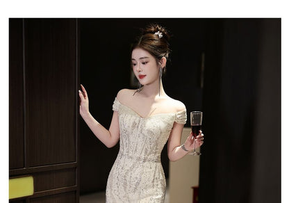 Off Shoulder Plain Rhinestone Glitter Sheath Evening Gown