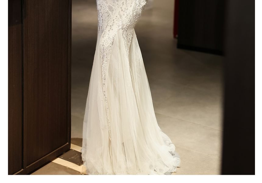 Off Shoulder Plain Rhinestone Glitter Sheath Evening Gown