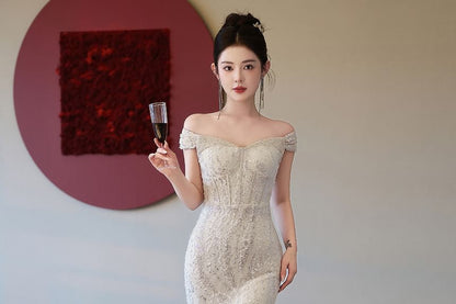 Off Shoulder Plain Rhinestone Glitter Sheath Evening Gown
