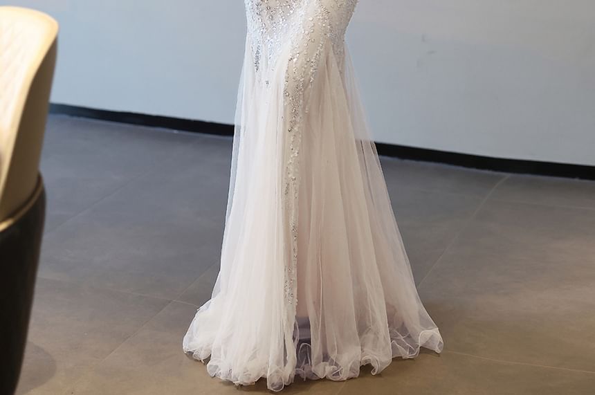 Off Shoulder Plain Rhinestone Glitter Sheath Evening Gown