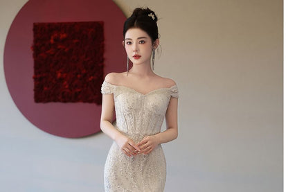 Off Shoulder Plain Rhinestone Glitter Sheath Evening Gown
