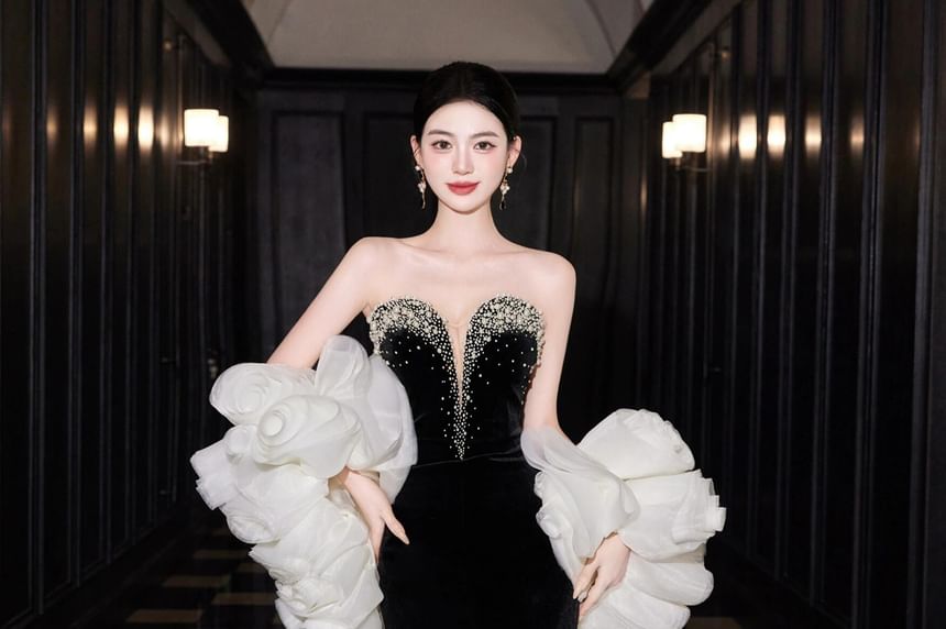Strapless Rhinestone Glitter Sheath Evening Gown