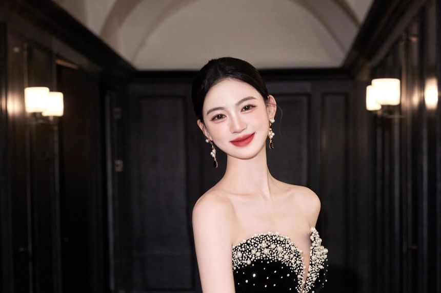 Strapless Rhinestone Glitter Sheath Evening Gown
