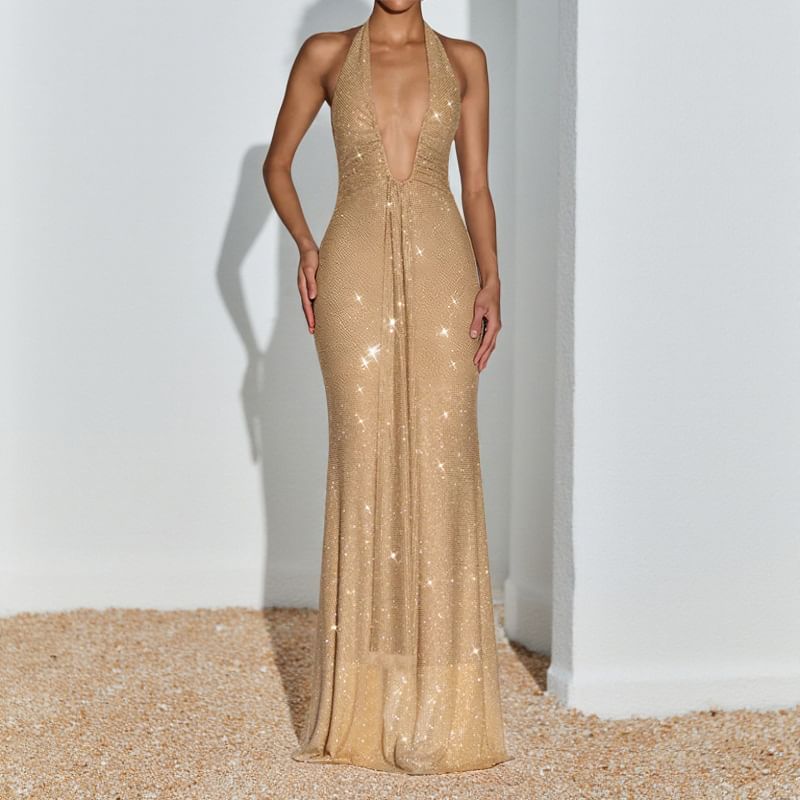 Halter Deep Plunge Plain Glitter Trumpet Evening Gown