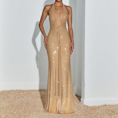 Halter Deep Plunge Plain Glitter Trumpet Evening Gown