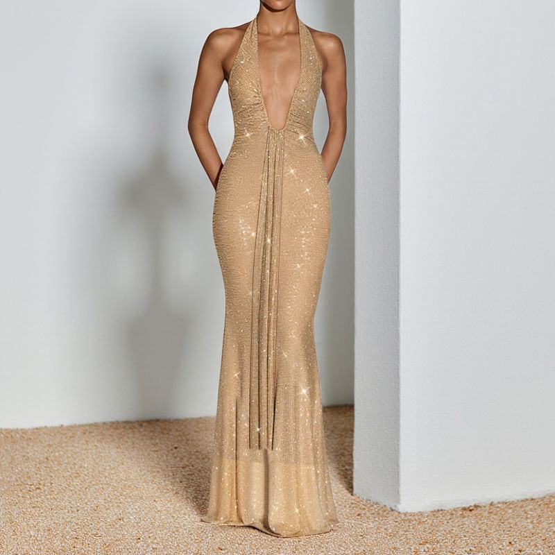 Halter Deep Plunge Plain Glitter Trumpet Evening Gown