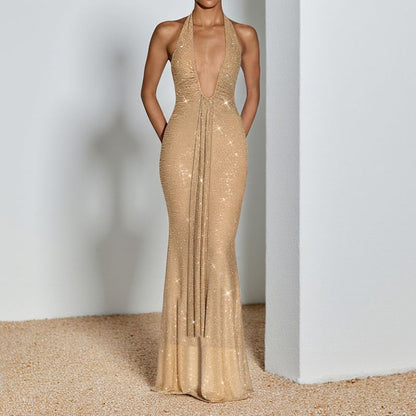 Halter Deep Plunge Plain Glitter Trumpet Evening Gown