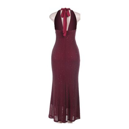 Halter Deep Plunge Plain Glitter Trumpet Evening Gown