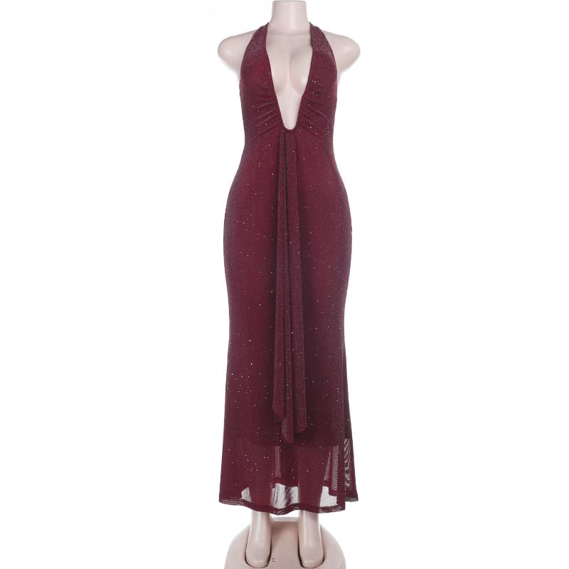 Halter Deep Plunge Plain Glitter Trumpet Evening Gown