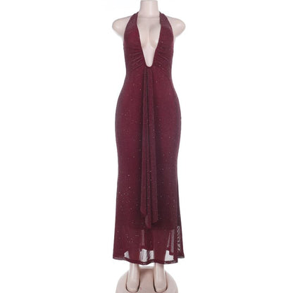 Halter Deep Plunge Plain Glitter Trumpet Evening Gown