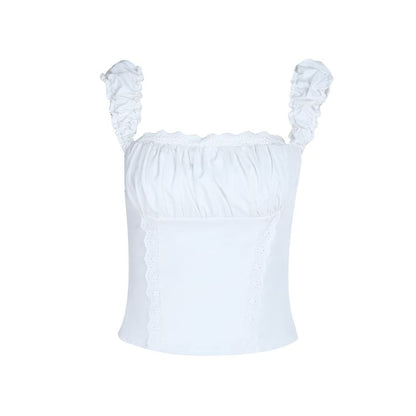 Square Neck Lace Trim Plain Ruched Slim Tank Top