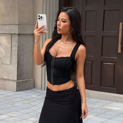 Square Neck Lace Trim Plain Corset Tank Top