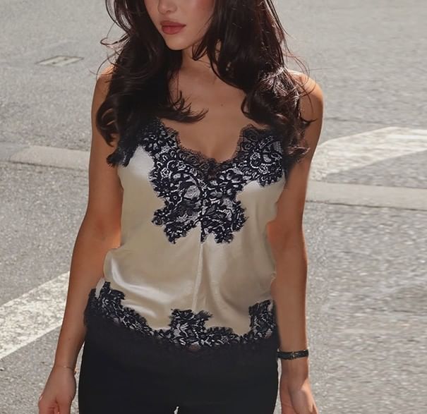 V-Neck Lace Panel Satin Loose Camisole Top