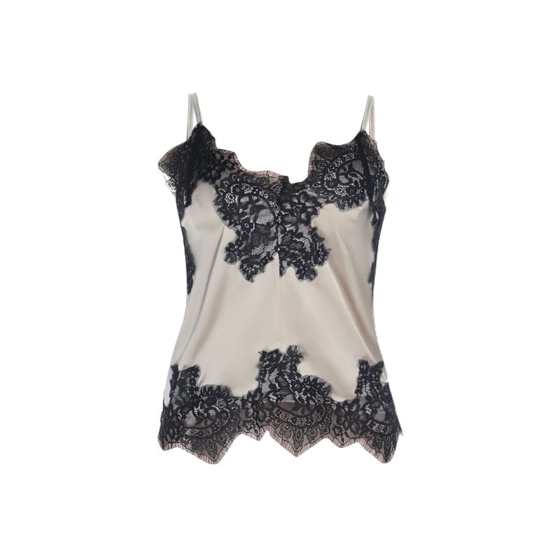 V-Neck Lace Panel Satin Loose Camisole Top