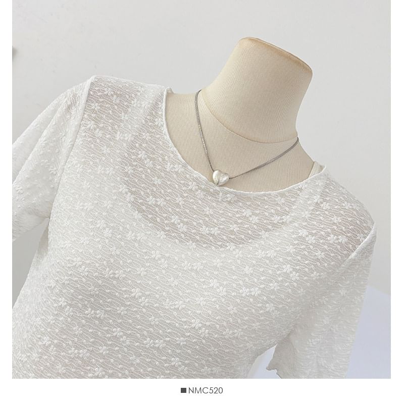 Short Sleeve Scoop Neck Lace Sheer Crop Top