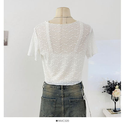 Short Sleeve Scoop Neck Lace Sheer Crop Top