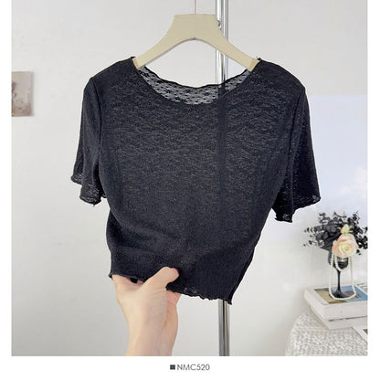 Short Sleeve Scoop Neck Lace Sheer Crop Top