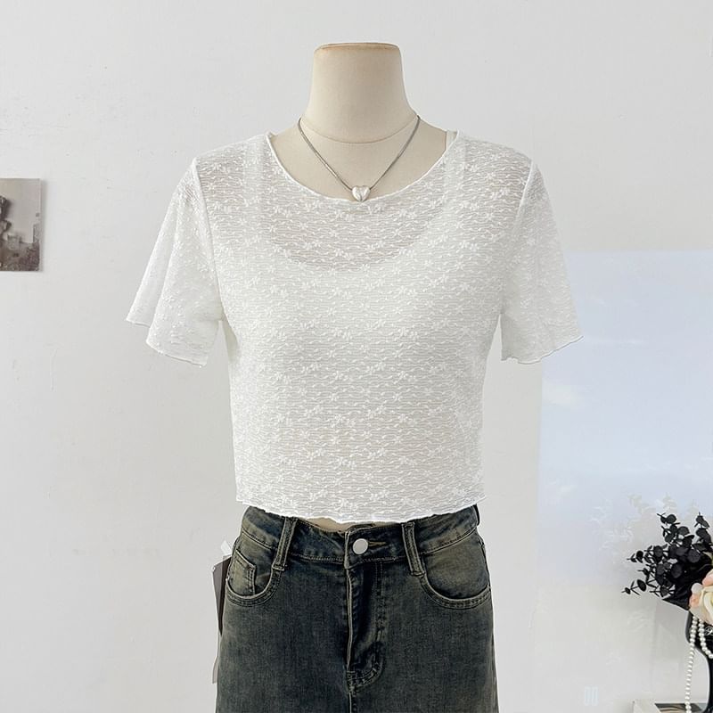 Short Sleeve Scoop Neck Lace Sheer Crop Top
