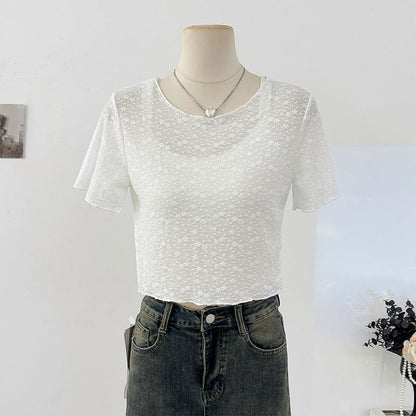 Short Sleeve Scoop Neck Lace Sheer Crop Top