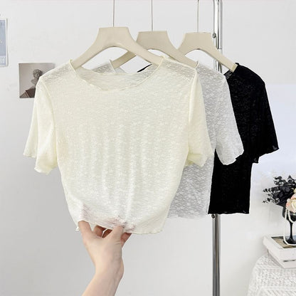 Short Sleeve Scoop Neck Lace Sheer Crop Top