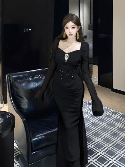 Long-Sleeve Square Neck Plain Rhinestone Mermaid Evening Gown