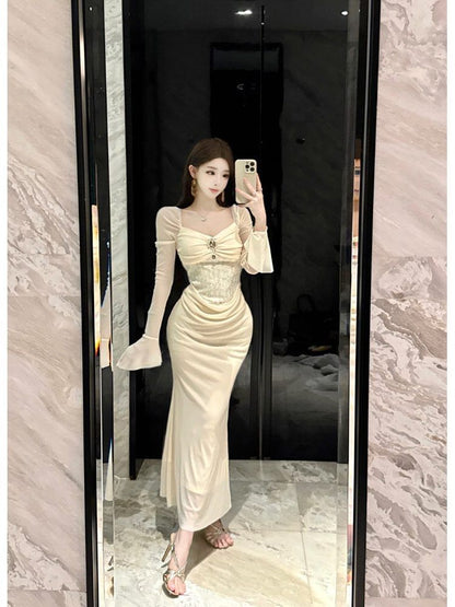 Long-Sleeve Square Neck Plain Rhinestone Mermaid Evening Gown