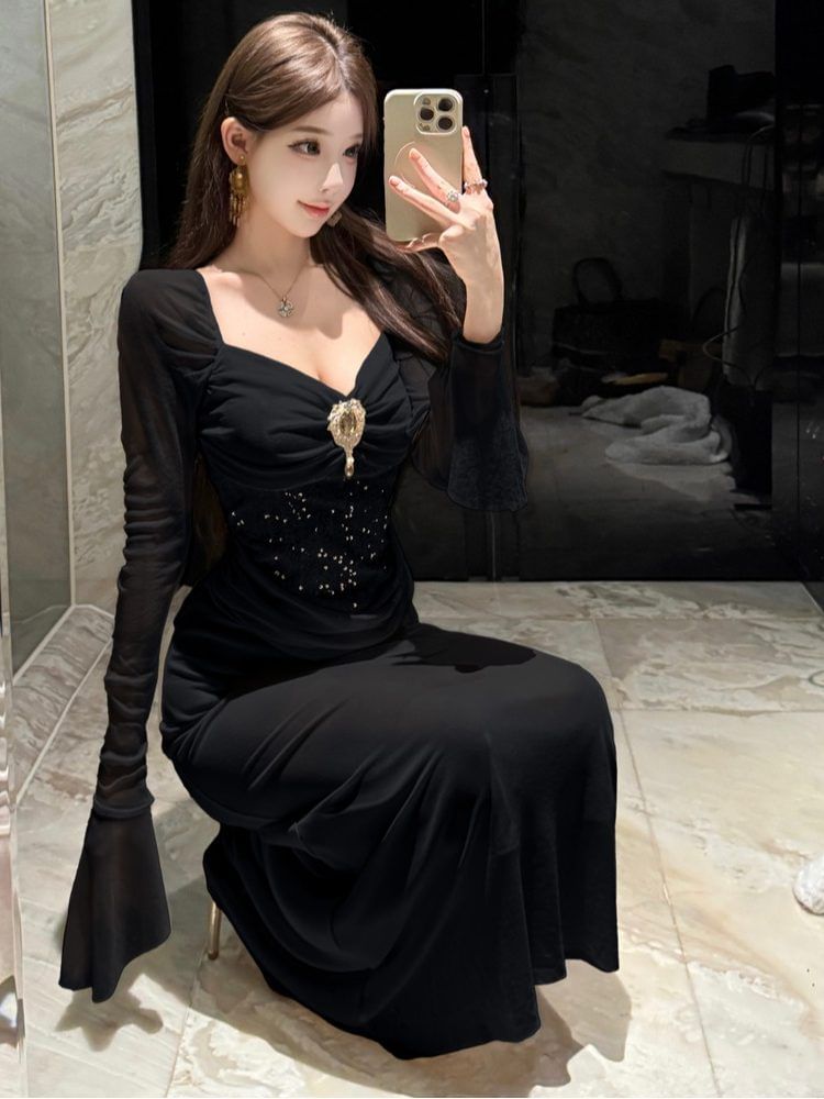 Long-Sleeve Square Neck Plain Rhinestone Mermaid Evening Gown