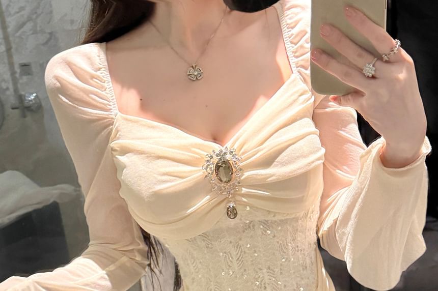 Long-Sleeve Square Neck Plain Rhinestone Mermaid Evening Gown