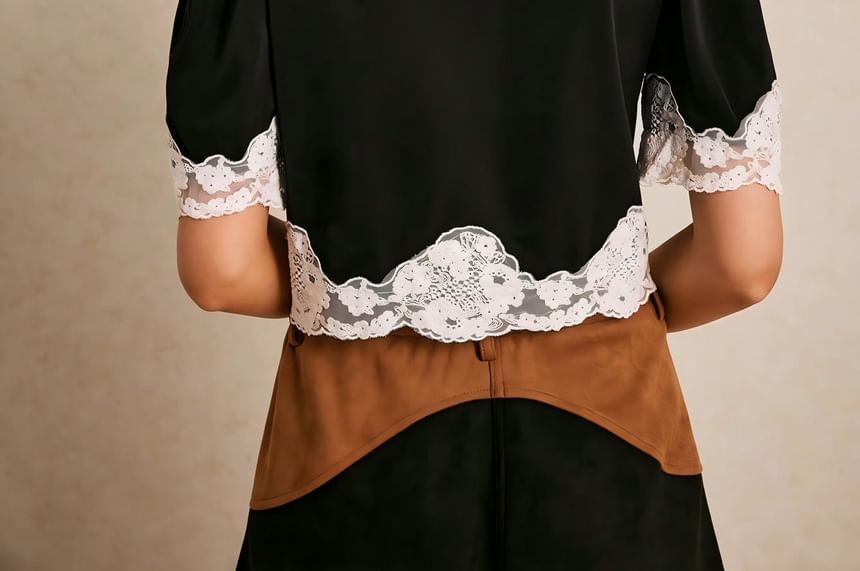 Short Sleeve V-Neck Lace Panel Crop Blouse