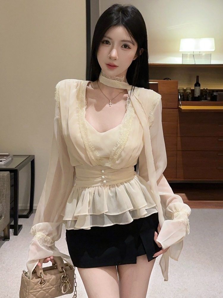 V-Neck Long Sleeve Peplum Lace Blouse