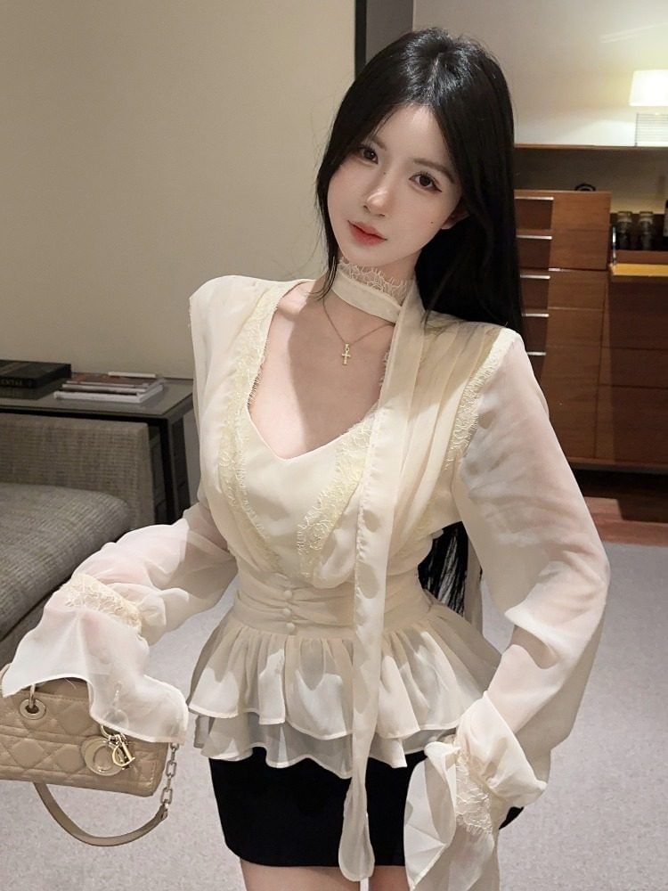 V-Neck Long Sleeve Peplum Lace Blouse