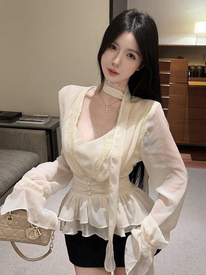 V-Neck Long Sleeve Peplum Lace Blouse